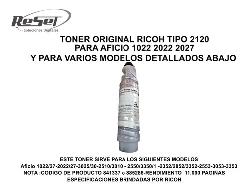 Tóner Original Ricoh 2120D — Aficio 1022 / 2022 / 3025 / 2510 / 2550 / 2352 / 2553 y más - imagen 2