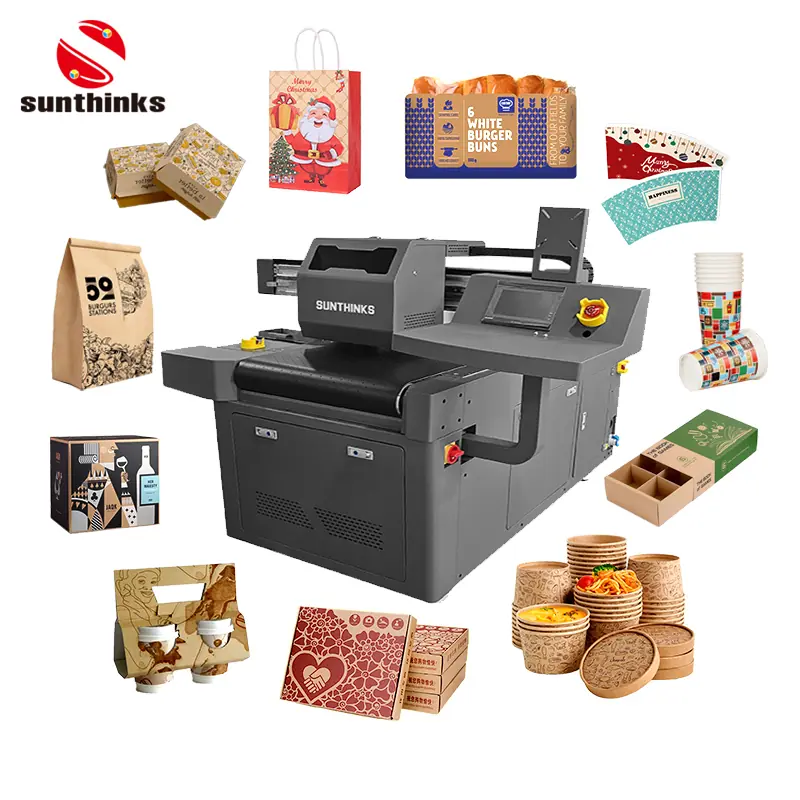 Impresora single pass Sunthinks SC300 con cajas y bolsas impresas